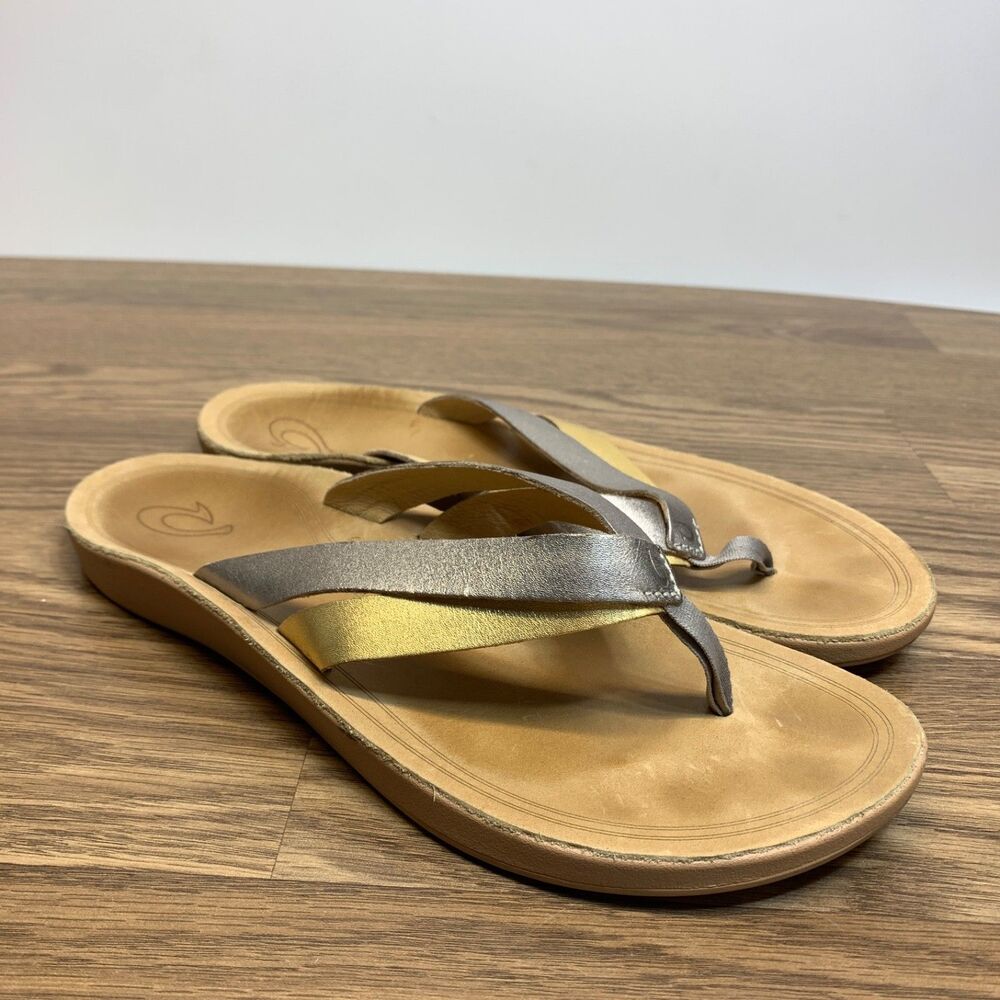 OluKai Women's Kaekae Flip-Flop Thong Sandals Brown Gold Size 10
